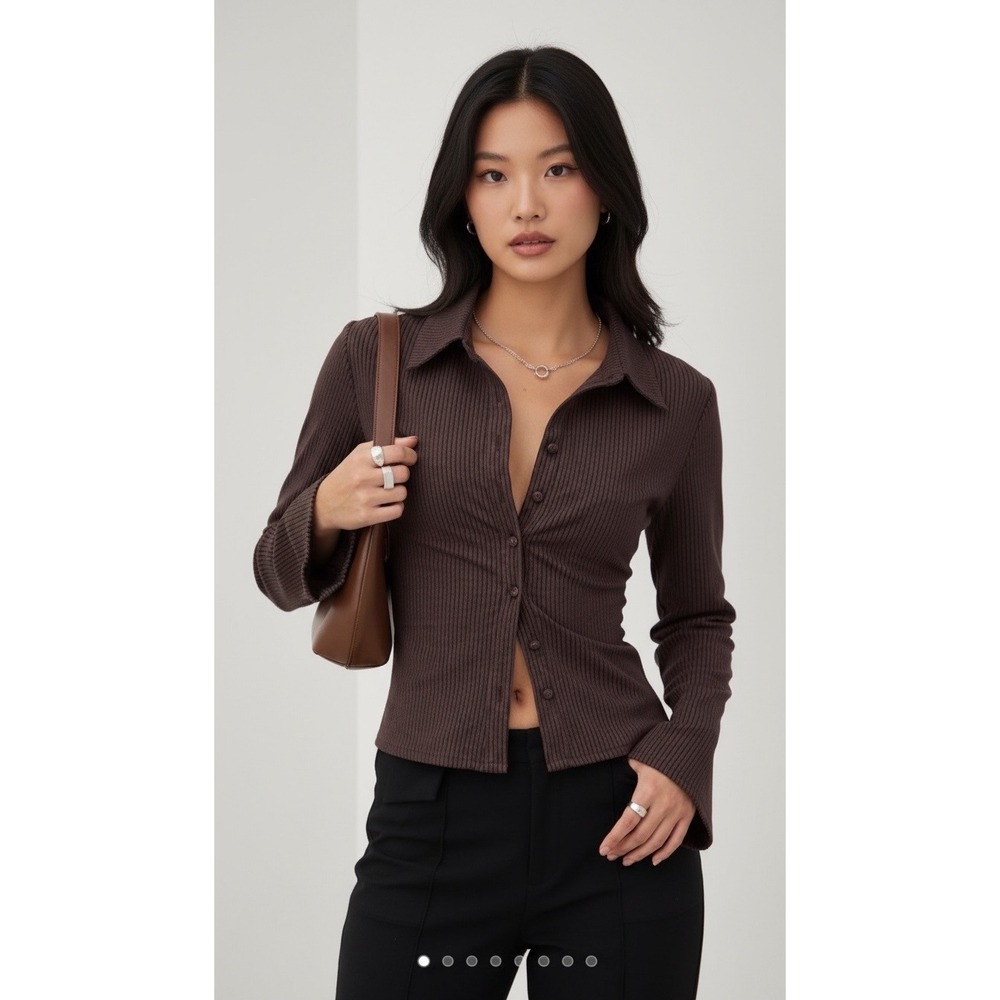 Princess Polly Annie Brown Pinstripe Button Down Shirt Long Sleeve US 4